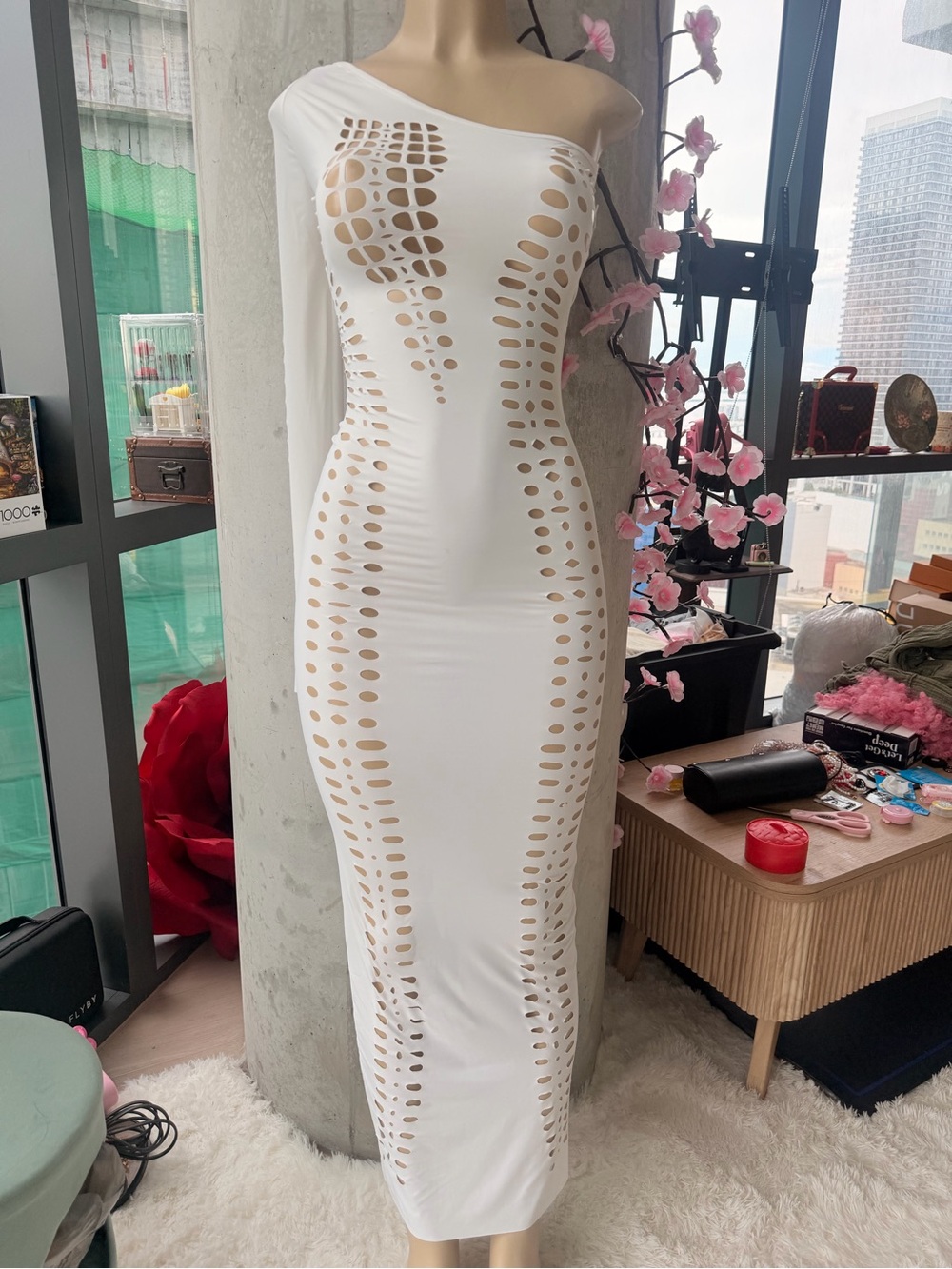 NWT Fashion Nova One-Shoulder Long Sleeve White Cutout Bodycon Maxi Dress XS